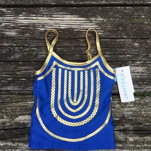 NWT Jantzen Girls Swim Tankini Top SZ 4 Blue Gold